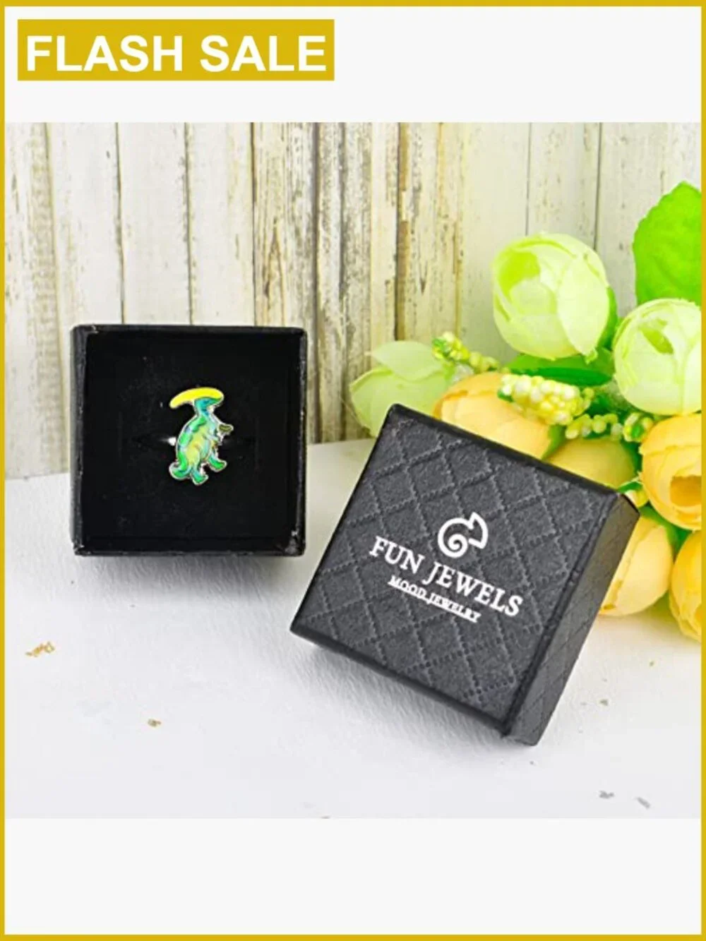 Dinosaur Color Changing Mood Ring for Kids Adjustable Size Parasaurolophus
